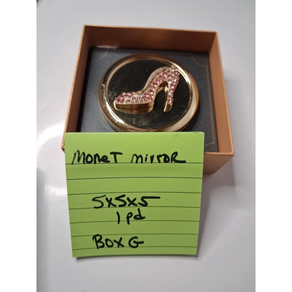 Monet Jewelry Metal Compact Mirror – Pink Crystal High Heel Design, 2.75